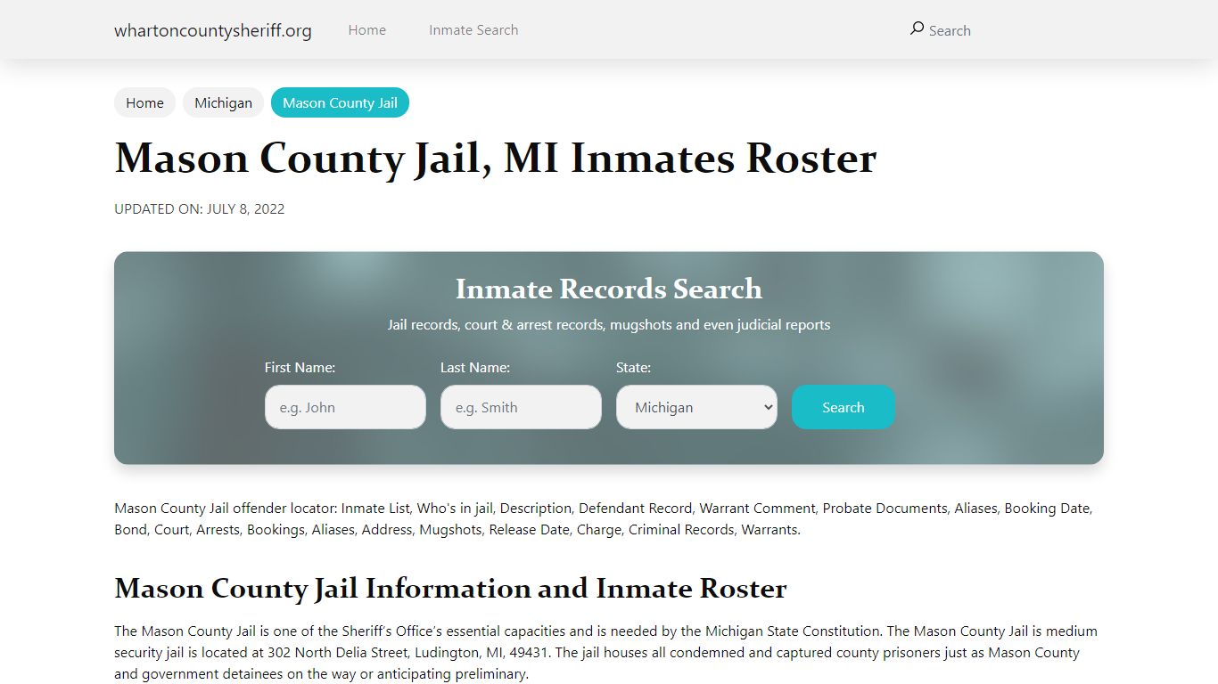 Mason County Jail, MI Jail Roster, Name Search